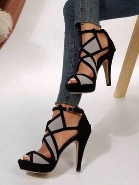 Black Strappy High Heel Sandals with Gray Insets